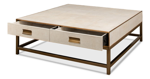 Sarreid Gideon Shagreen Square Coffee Table In Osprey White With Gold Leather Trim & Brass Knobs - Stylish! White  53552-4