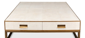 Sarreid Gideon Shagreen Square Coffee Table In Osprey White With Gold Leather Trim & Brass Knobs - Stylish! White  53552-4
