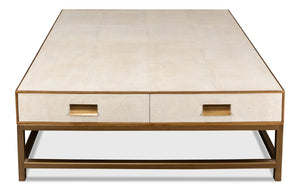 Sarreid Gideon Shagreen Square Coffee Table In Osprey White With Gold Leather Trim & Brass Knobs - Stylish! White  53552-4