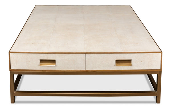 Sarreid Gideon Shagreen Square Coffee Table In Osprey White With Gold Leather Trim & Brass Knobs - Stylish! White  53552-4