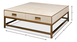 Sarreid Gideon Shagreen Square Coffee Table In Osprey White With Gold Leather Trim & Brass Knobs - Stylish! White  53552-4