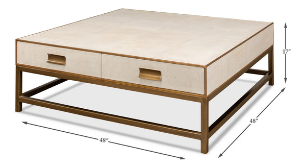 Sarreid Gideon Shagreen Square Coffee Table In Osprey White With Gold Leather Trim & Brass Knobs - Stylish! White  53552-4