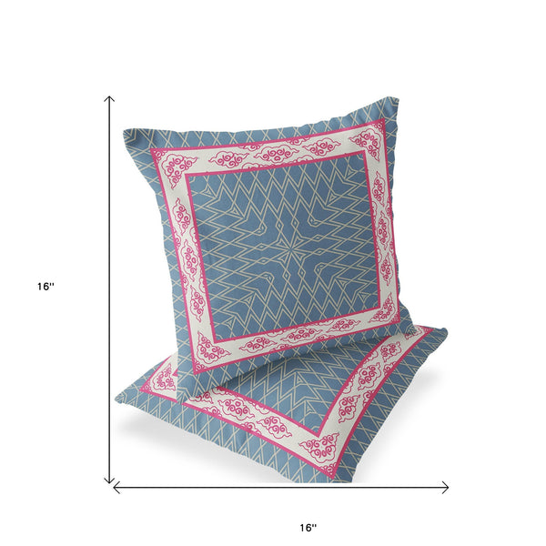 Homeroots Set Of Two 16" X 16" Blue And Pink Blown Seam Geometric Indoor Outdoor Throw Pillow  Polyester 535521
