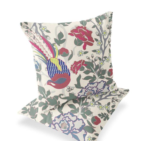 Homeroots Set Of Two 16" X 16" Red And White Peacock Blown Seam Floral Indoor Outdoor Throw Pillow  Polyester 535522