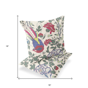 Homeroots Set Of Two 16" X 16" Red And White Peacock Blown Seam Floral Indoor Outdoor Throw Pillow  Polyester 535522