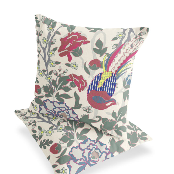 Homeroots Set Of Two 16" X 16" Red And White Peacock Blown Seam Floral Indoor Outdoor Throw Pillow  Polyester 535522