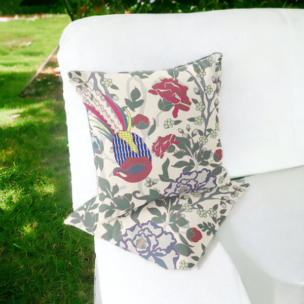Homeroots Set Of Two 16" X 16" Red And White Peacock Blown Seam Floral Indoor Outdoor Throw Pillow  Polyester 535522