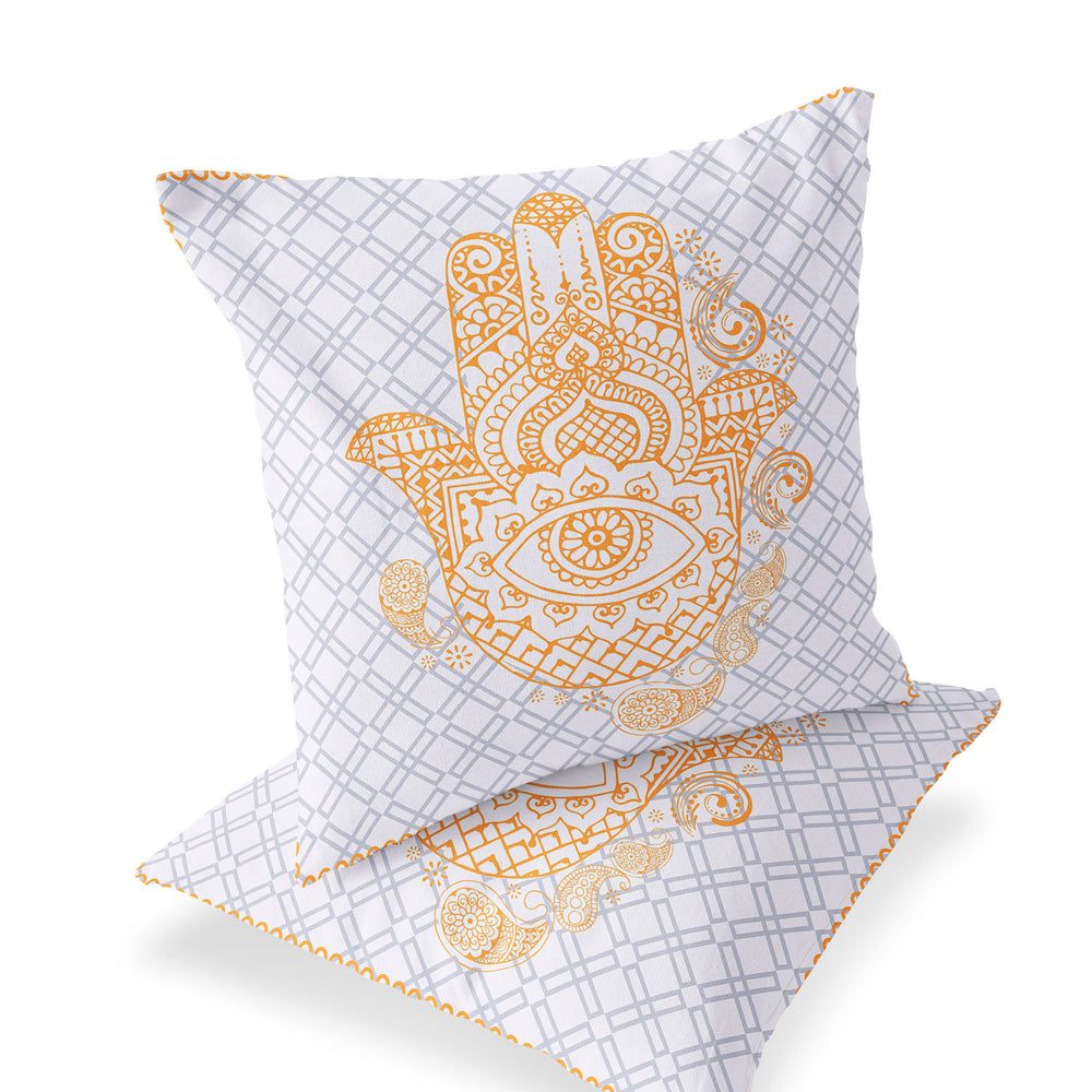Homeroots Set Of Two 16" X 16" Gray And Gold Blown Seam Hamsa Indoor Outdoor Throw Pillow  Polyester 535523