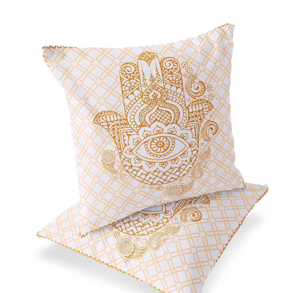 Homeroots Set Of Two 16" X 16" Gold And White Blown Seam Hamsa Indoor Outdoor Throw Pillow  Polyester 535526