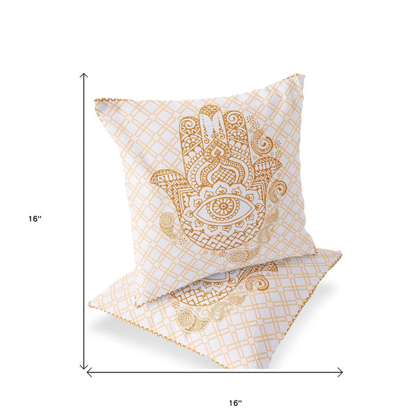 Homeroots Set Of Two 16" X 16" Gold And White Blown Seam Hamsa Indoor Outdoor Throw Pillow  Polyester 535526