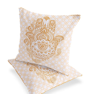 Homeroots Set Of Two 16" X 16" Gold And White Blown Seam Hamsa Indoor Outdoor Throw Pillow  Polyester 535526