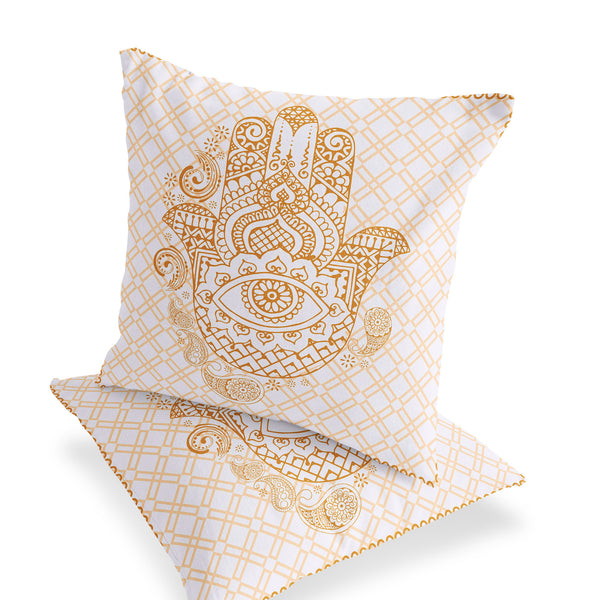 Homeroots Set Of Two 16" X 16" Gold And White Blown Seam Hamsa Indoor Outdoor Throw Pillow  Polyester 535526