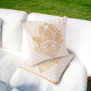 Homeroots Set Of Two 16" X 16" Gold And White Blown Seam Hamsa Indoor Outdoor Throw Pillow  Polyester 535526