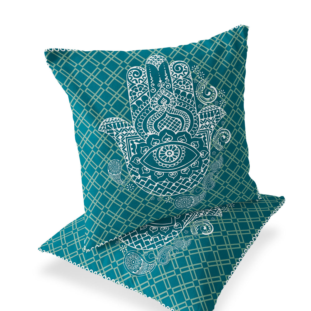 Homeroots Set Of Two 16" X 16" Green And White Blown Seam Hamsa Indoor Outdoor Throw Pillow  Polyester 535527