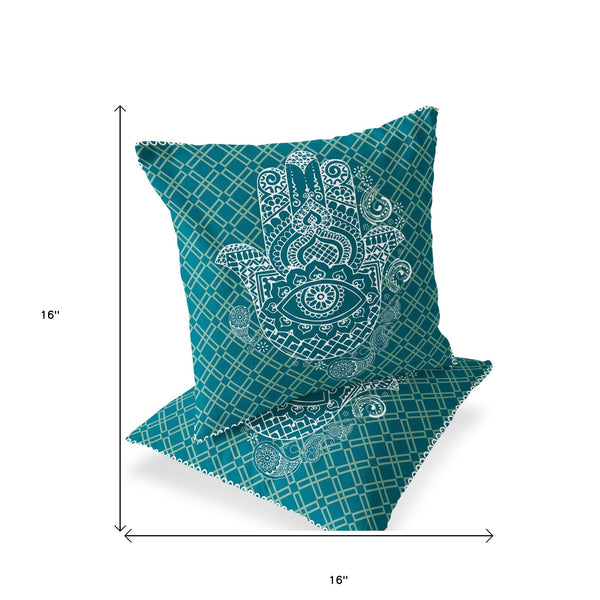 Homeroots Set Of Two 16" X 16" Green And White Blown Seam Hamsa Indoor Outdoor Throw Pillow  Polyester 535527