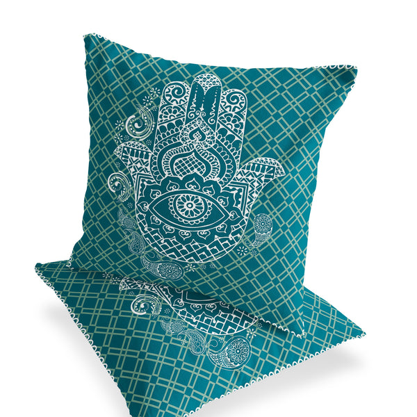 Homeroots Set Of Two 16" X 16" Green And White Blown Seam Hamsa Indoor Outdoor Throw Pillow  Polyester 535527