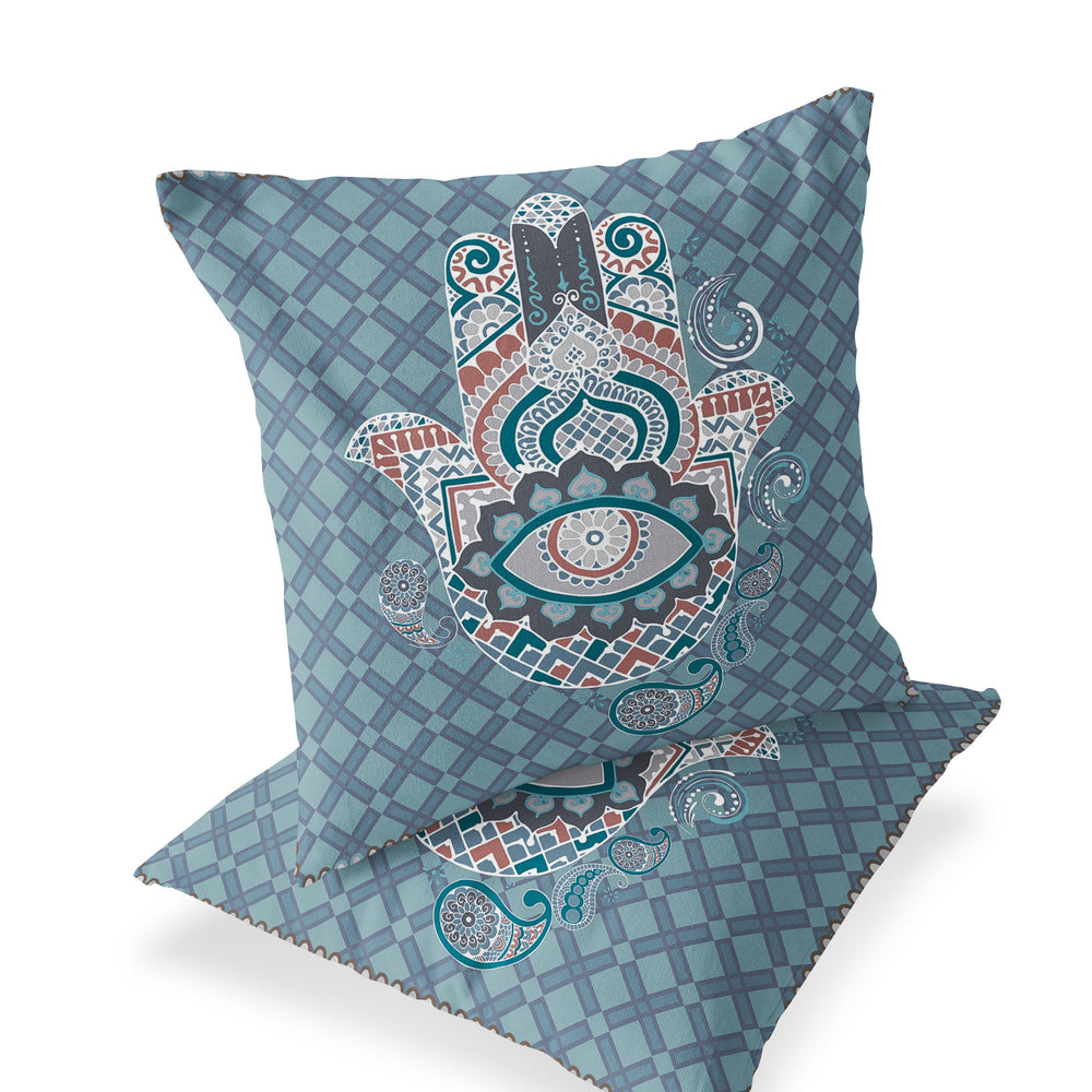 Homeroots Set Of Two 16" X 16" Blue And White Blown Seam Hamsa Indoor Outdoor Throw Pillow  Polyester 535529