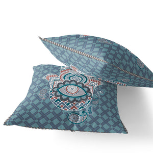 Homeroots Set Of Two 16" X 16" Blue And White Blown Seam Hamsa Indoor Outdoor Throw Pillow  Polyester 535529