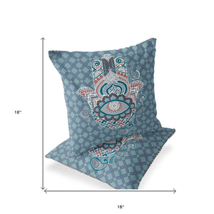 Homeroots Set Of Two 16" X 16" Blue And White Blown Seam Hamsa Indoor Outdoor Throw Pillow  Polyester 535529