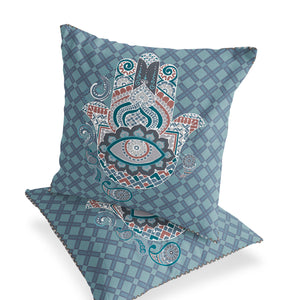 Homeroots Set Of Two 16" X 16" Blue And White Blown Seam Hamsa Indoor Outdoor Throw Pillow  Polyester 535529
