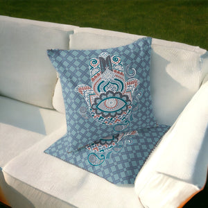Homeroots Set Of Two 16" X 16" Blue And White Blown Seam Hamsa Indoor Outdoor Throw Pillow  Polyester 535529