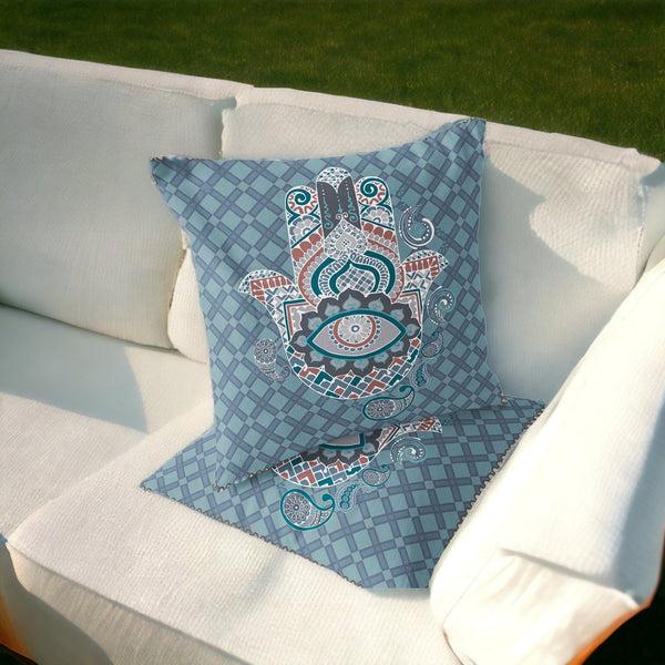 Homeroots Set Of Two 16" X 16" Blue And White Blown Seam Hamsa Indoor Outdoor Throw Pillow  Polyester 535529