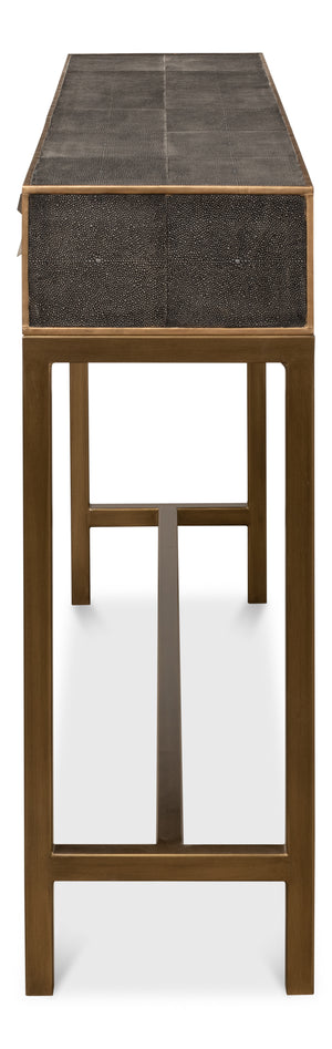 Sarreid Gideon Shagreen Console Table In Antique Grey With Gold Trim & Brass Knobs - Elegant Home Accent Grey  53553-1