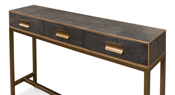 Sarreid Gideon Shagreen Console Table In Antique Grey With Gold Trim & Brass Knobs - Elegant Home Accent Grey  53553-1
