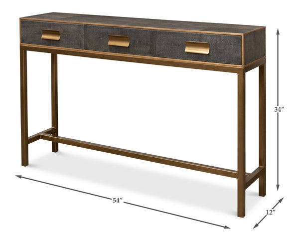 Sarreid Gideon Shagreen Console Table In Antique Grey With Gold Trim & Brass Knobs - Elegant Home Accent Grey  53553-1