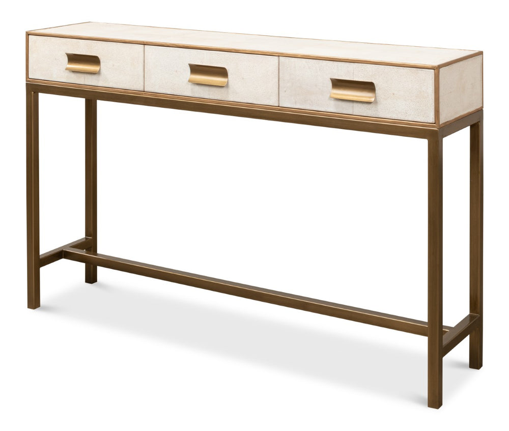 Sarreid Gideon Shagreen Console In Osprey White With Gold Leather Trim & Elegant Brass Knobs For Chic Style White  53553-4