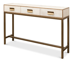 Sarreid Gideon Shagreen Console In Osprey White With Gold Leather Trim & Elegant Brass Knobs For Chic Style White  53553-4