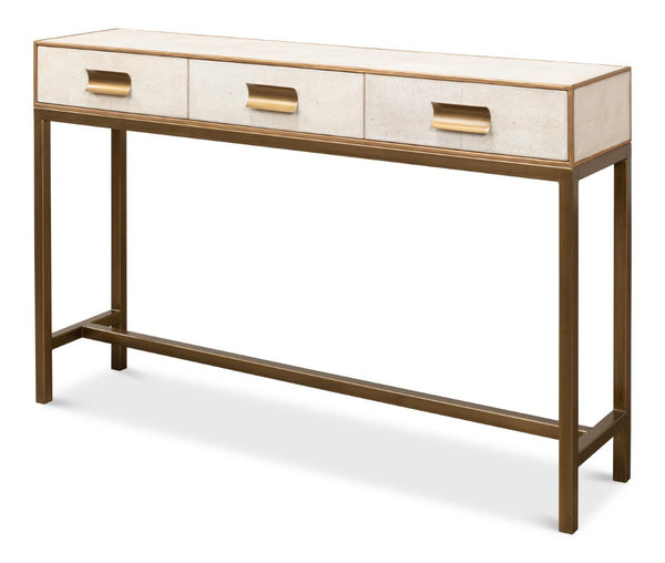 Sarreid Gideon Shagreen Console In Osprey White With Gold Leather Trim & Elegant Brass Knobs For Chic Style White  53553-4