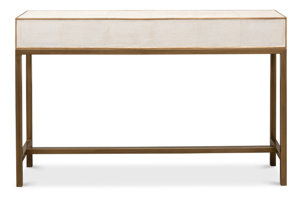 Sarreid Gideon Shagreen Console In Osprey White With Gold Leather Trim & Elegant Brass Knobs For Chic Style White  53553-4