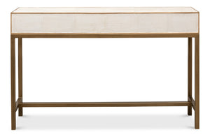 Sarreid Gideon Shagreen Console In Osprey White With Gold Leather Trim & Elegant Brass Knobs For Chic Style White  53553-4