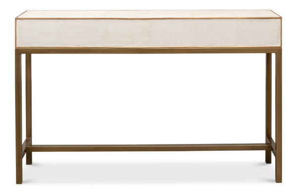 Sarreid Gideon Shagreen Console In Osprey White With Gold Leather Trim & Elegant Brass Knobs For Chic Style White  53553-4