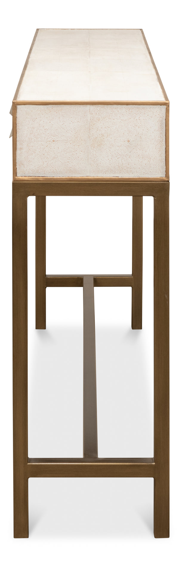 Sarreid Gideon Shagreen Console In Osprey White With Gold Leather Trim & Elegant Brass Knobs For Chic Style White  53553-4