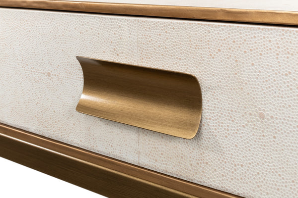 Sarreid Gideon Shagreen Console In Osprey White With Gold Leather Trim & Elegant Brass Knobs For Chic Style White  53553-4