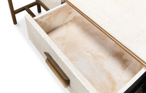 Sarreid Gideon Shagreen Console In Osprey White With Gold Leather Trim & Elegant Brass Knobs For Chic Style White  53553-4