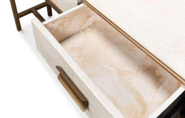 Sarreid Gideon Shagreen Console In Osprey White With Gold Leather Trim & Elegant Brass Knobs For Chic Style White  53553-4