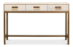 Sarreid Gideon Shagreen Console In Osprey White With Gold Leather Trim & Elegant Brass Knobs For Chic Style White  53553-4