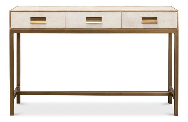 Sarreid Gideon Shagreen Console In Osprey White With Gold Leather Trim & Elegant Brass Knobs For Chic Style White  53553-4