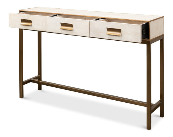 Sarreid Gideon Shagreen Console In Osprey White With Gold Leather Trim & Elegant Brass Knobs For Chic Style White  53553-4