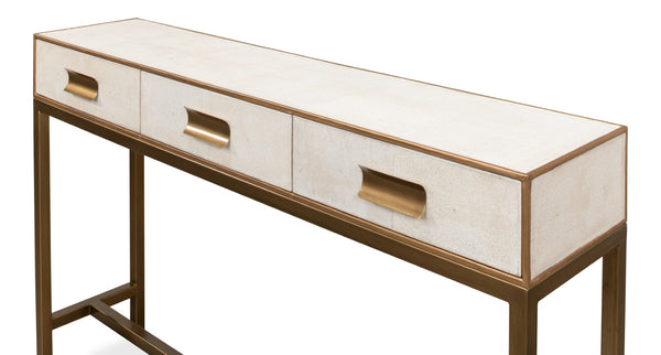 Sarreid Gideon Shagreen Console In Osprey White With Gold Leather Trim & Elegant Brass Knobs For Chic Style White  53553-4