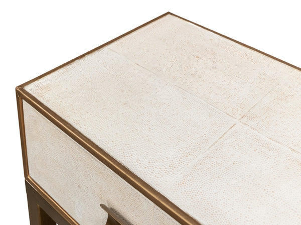 Sarreid Gideon Shagreen Console In Osprey White With Gold Leather Trim & Elegant Brass Knobs For Chic Style White  53553-4