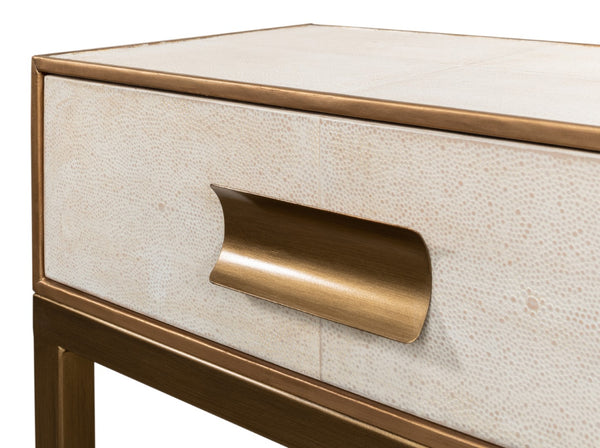 Sarreid Gideon Shagreen Console In Osprey White With Gold Leather Trim & Elegant Brass Knobs For Chic Style White  53553-4
