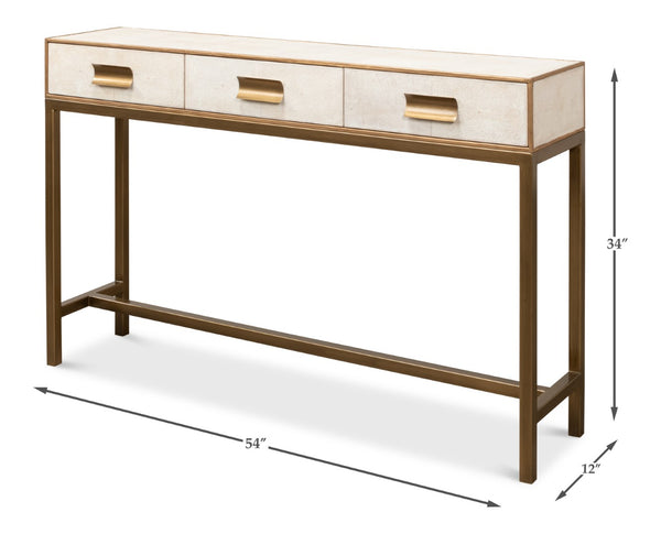 Sarreid Gideon Shagreen Console In Osprey White With Gold Leather Trim & Elegant Brass Knobs For Chic Style White  53553-4