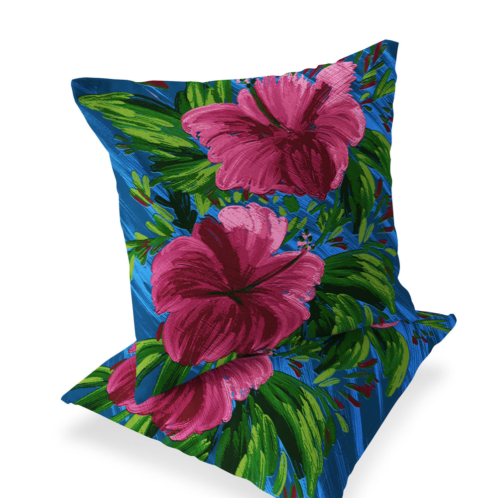 Homeroots Set Of Two 16" X 16" Blue And Pink Blown Seam Floral Indoor Outdoor Throw Pillow  Polyester 535531