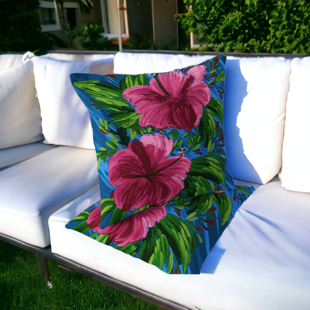 Homeroots Set Of Two 16" X 16" Blue And Pink Blown Seam Floral Indoor Outdoor Throw Pillow  Polyester 535531