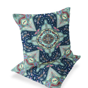 Homeroots Set Of Two 16" X 16" Blue And Green Blown Seam Floral Indoor Outdoor Throw Pillow  Polyester 535537