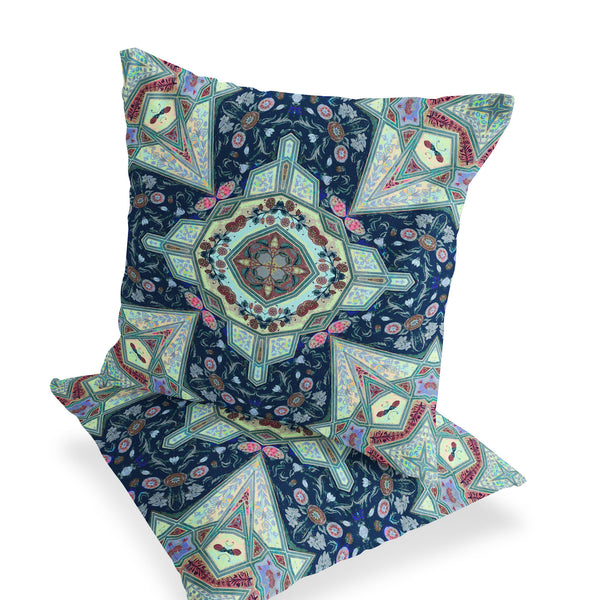 Homeroots Set Of Two 16" X 16" Blue And Green Blown Seam Floral Indoor Outdoor Throw Pillow  Polyester 535537